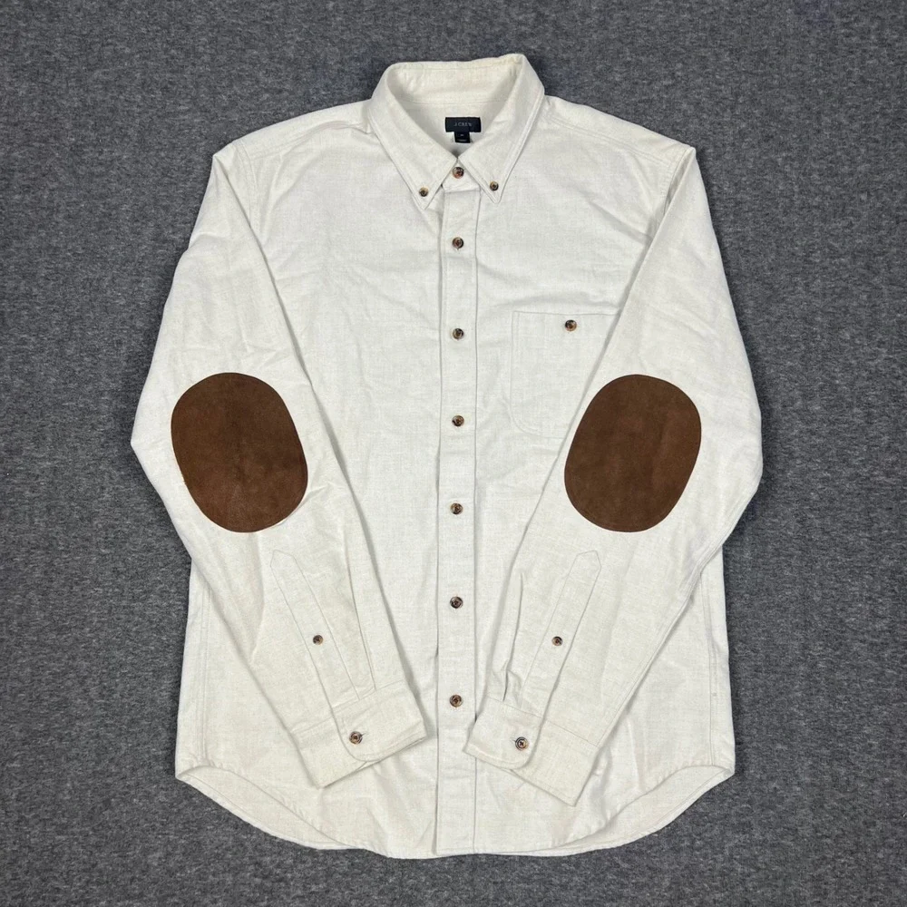 J Crew Oxford Button Down Shirt Medium Cream Leather Elbow Patches Preppy